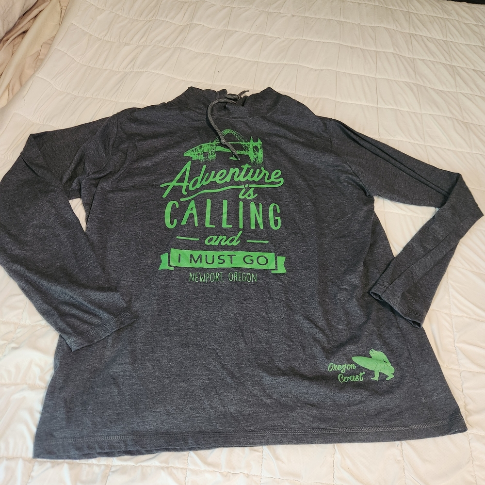 Gray Long Sleeve Hoodie Shirt with Green Adventure Print
